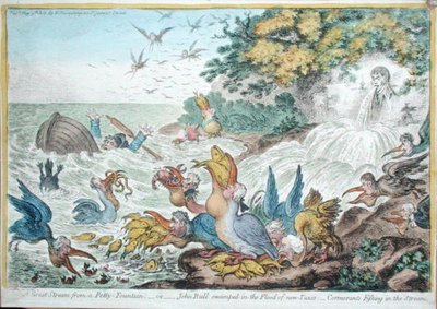 A Great Storm from a Petty-Fountain, or John Bull swamped in the Flood of New Taxes: Cormorants Fishing in the Stream, published by Hannah Humphrey in 1806 by James Gillray
