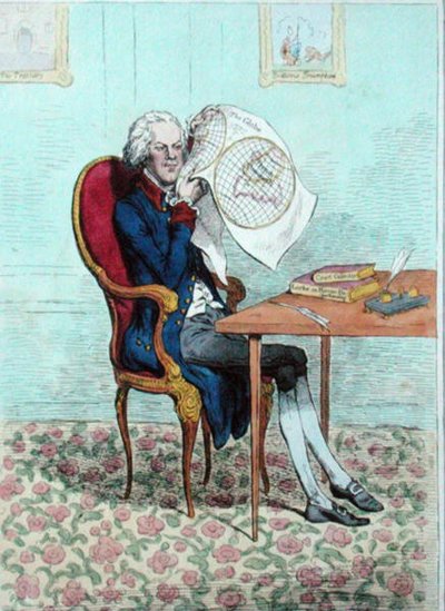 A Keen-Sighted Politician finding out the British Conquests, published by Hannah Humphrey in 1795 by James Gillray