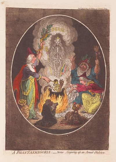 A Phantasmagoria: Scene - Conjuring up an Armed Skeleton, pub. 1803 by James Gillray