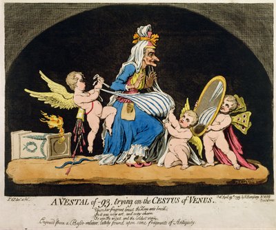 A Vestal of -93 trying on the Cestus of Venus, published by Hannah Humphrey in 1793 by James Gillray