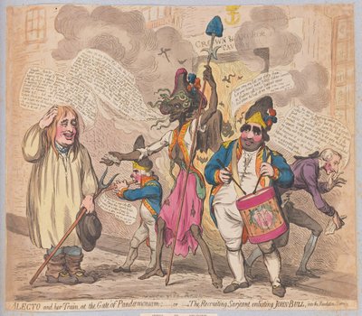 Alecto and her Train at the Gate of Pandaemonium or The Recruiting Sergeant enlisting John Bull into Revolution Service by James Gillray
