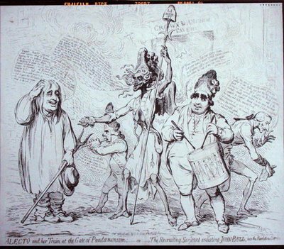 Alecto and her Train at the Gate of Pandemonium, or The Recruiting Serjeant enlisting John Bull into the Revolution Service, published by S.W. Fores in 1791 by James Gillray