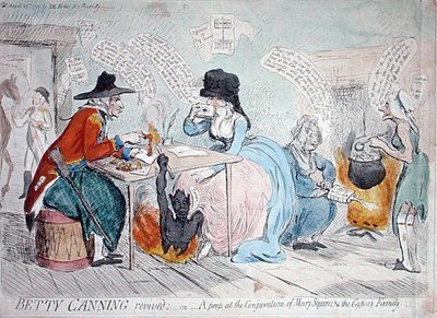 Betty Canning revived, or A peep at the conjuration of Mary Squires & the Gypsey Family, published by J.M. Fobes in 1791 by James Gillray