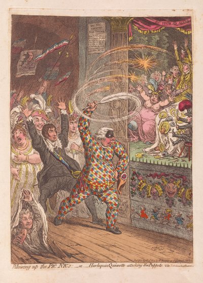 Blowing up the Pic Nics or Harlequin Quixotte Attacking the Puppets by James Gillray