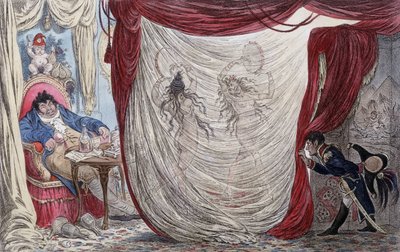 Cartoon about Napoleon, Paul Barras, Josephine and Mademoiselle de Fontenay, called ausii Teresa (Theresa or Terezia) Cabarrus, called Madame Tallien (Talien) or these ladies dance naked for Barras, under the stealth eye of Napoleon [Josephine being, at th by James Gillray