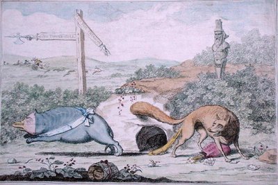 Changing Places, or Fox Stinking the Badger Out of His Nest by James Gillray