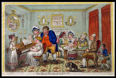 Farmer Giles and his Wife showing off their daughter Betty to their neighbours on her return from school, published by Hannah Humphrey in 1809 by James Gillray