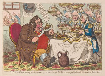 John Bull taking Luncheon or British Cooks cramming Old Grumble Gizzard with Bonne Chere by James Gillray