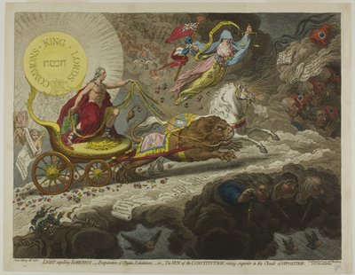 Light Expelling Darkness, Evaporation of Stygian Exhalations, or The Sun of the Constitution, Rising Superior to the Clouds of Opposition by James Gillray