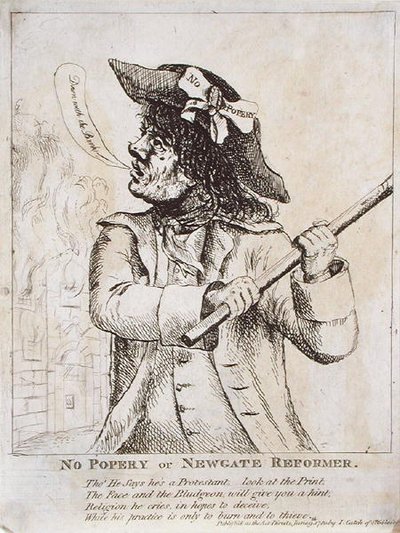 No Popery, or Newgate Reformer: possibly Ned Dennis wearing a 