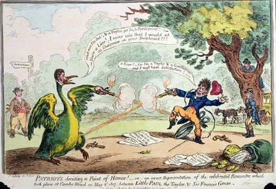 Patriots Deciding a Point of Honour! or An exact representation of the Rencontre which took place at Coombe Wood on May 2nd 1807 between Little Paul the Taylor and Sir Francis Goose by James Gillray