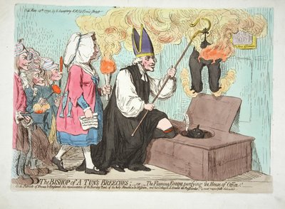 The Bishop of A Tuns Breeches; - The Flaming Eveque purifying the House of Office! To the Patriots of France and England, this representation of the Burning Zeal of the holy Attaceh a la Mission by James Gillray