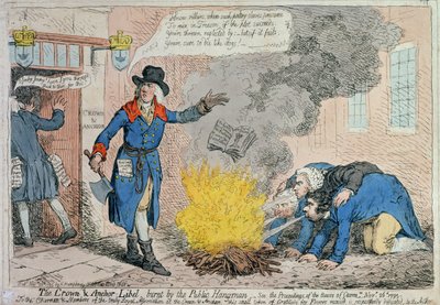 The Crown and Anchor Libel burnt by the Public Hangman, published by Hannah Humphrey in 1795 by James Gillray