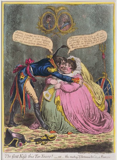 The First Kiss in Ten Years! or The Meeting of Britannia and Citizen Francois, published by Hannah Humphrey in 1803 by James Gillray