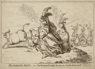 The Gordon Knot or The Bonny-Duchess Hunting the Bedfordshire Bull, published April 29, 1797 (etching on wove paper) by James Gillray