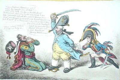 The Magnanimous Minister Chastising Prussian Perfidy, published by Hannah Humphrey in 1806 by James Gillray