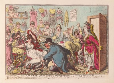 The Man of Feeling in Search of Indispensibles; a Scene at the Little French Milliners by James Gillray