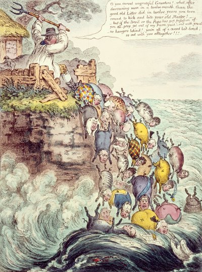 The Pigs Possessed, or the Broad bottomed Litter running headlong into the Sea of Perdition by James Gillray