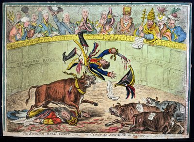 The Spanish Bull Fight, or The Corsican Matador in Danger, published by Hannah Humphrey in 1808 by James Gillray