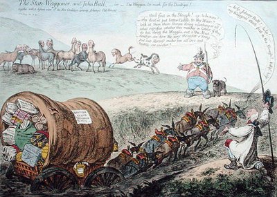 The State Waggoner and John Bull, or The Waggon too much for the Donkeys! published by Hannah Humphrey in 1804 by James Gillray