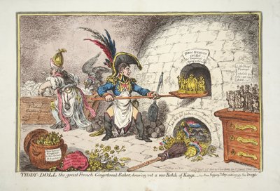 Tiddy-Doll, the great French Gingerbread-Baker, drawing a new Batch of Kings. - his Man Hopping Talley, mixing up the Dough by James Gillray
