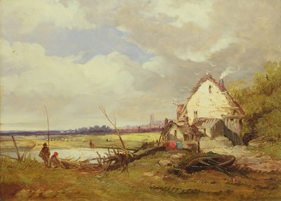 Anglers by a Cottage on a River Bank by James Holland