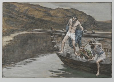 Saint Peter Alerted by Saint John to the Presence of the Lord Casts Himself into the Water, illustration from The Life of Our Lord Jesus Christ by James Jacques Joseph Tissot