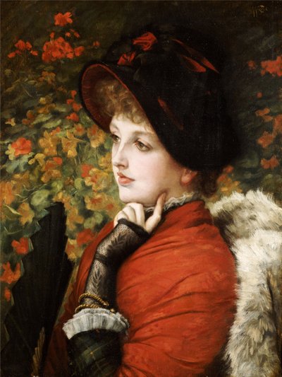 Type of Beauty: Portrait of Mrs. Kathleen Newton in a Red Dress and Black Bonnet by James Jacques Joseph Tissot