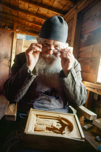 A Master Carver and Orthodox Priest Poses with His Work, Mount Athos, Greece by James L Stanfield