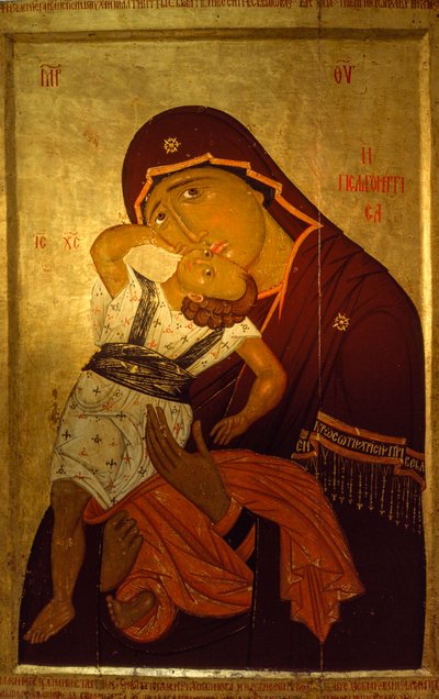 An icon of the Virgin and Child reflecting the late Byzantine style. Skopje Art Gallery, North Macedonia. by James L Stanfield