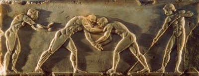 Ancient Greek athletes depicted on a 6th century B.C. bas relief. National Archeological Museum by James L Stanfield