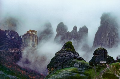 Fourteenth Century Monasteries, Rock Formations Shrouded in Fog, Meteora Monasteries by James L Stanfield