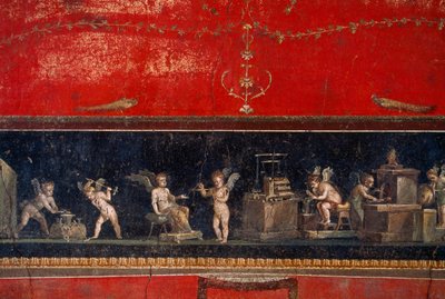Fresco uncovered at Pompeii shows goldsmithing cherubs at work. Pompeii, Italy. by James L Stanfield