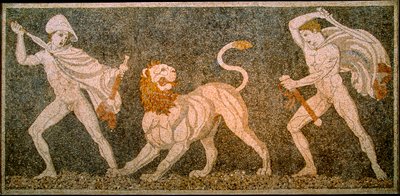 Mosaic depicting Alexander the Great and Hephaestion slaying a lion. Pella Archaeological Museum by James L Stanfield