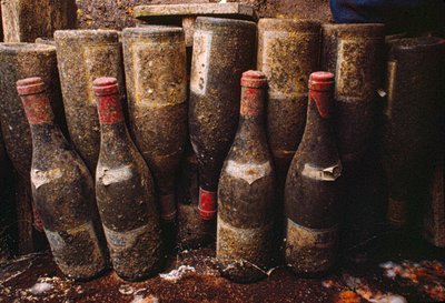 Red wine bottles, covered with mold, ageing in a wine cellar. Tain-L
