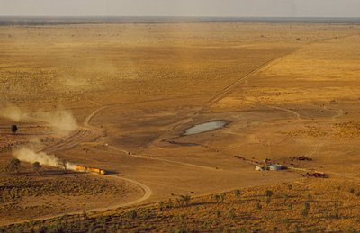 Road train carrying cattle crosses forbidding outback plateau, Western Australia by James L Stanfield