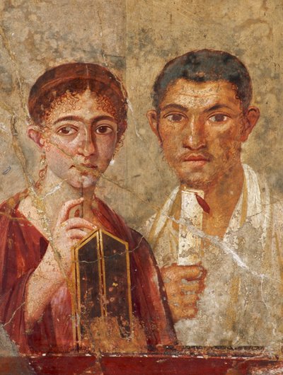 Roman fresco found at Pompeii shows a couple holding writing tools. Museo Archeologico, Naples, Italy. by James L Stanfield