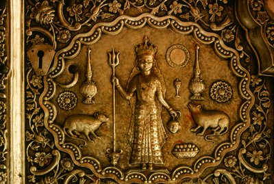 Sculptured rats flank the goddess Bhagwati Karniji on a silver door by James L Stanfield