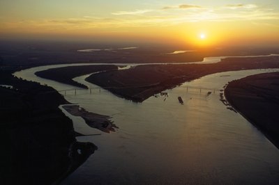 Twilight aerial view of the confluence of the Ohio and Mississippi Rivers, Cairo, Illinois by James L Stanfield
