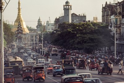 Vintage cars clog the city center of Rangoon, Burma