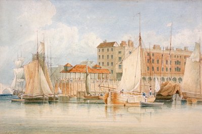View of Billingsgate Wharf and market with vessels and people, City of London by James Lambert