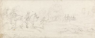 Coursing, a group of riders galloping from left after a couple of greyhounds by James Pollard