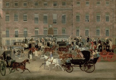 Hatchetts - The White Horse Cellar, Piccadilly, The Devonport Mail and a Barouche in the Foreground by James Pollard