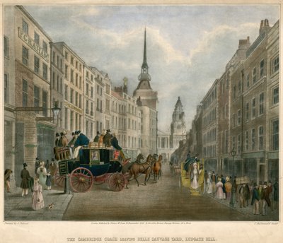 The Cambridge Coach Leaving Belle Sauvage Yard, Ludgate Hill, London by James Pollard