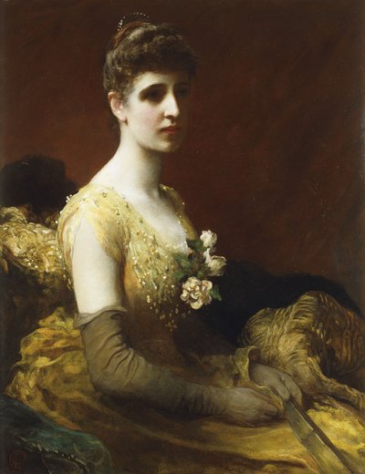 Portrait of Lady Dixon of Rheda, three-quarter length, seated wearing a Yellow Dress with Flowers holding a Fan by James Sant
