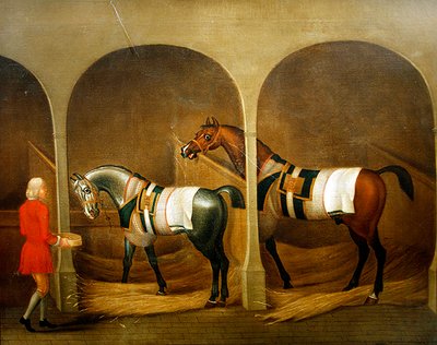 A Groom feeding two Horses in a Stable by James Seymour