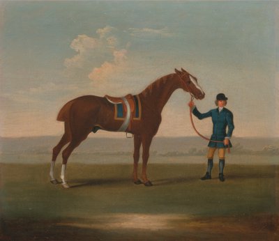 One of Four Portraits of Horses - a Chestnut Horse (? Old Partner) Held by a Groom: Standing Facing Right, Wearing Blue Saddle-Cloth Edged with Gold; the Groom in Blue by James Seymour