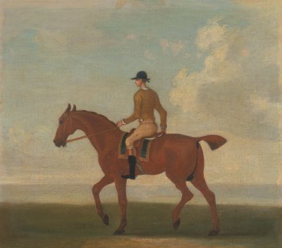 One of Four Portraits of Horses - a Chestnut Racehorse with Jockey Up: Walking to the Left; Jockey in Buff-Yellow Jacket by James Seymour
