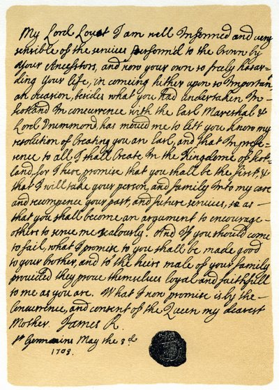Letter from James Edward Stuart to Simon Fraser, Lord Lovat, St Germains, 3rd May 1703 by James Stuart