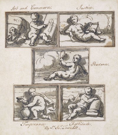 Art and Commerce; Justice; Prudence; Temperance; and Fortitude by James Thornhill